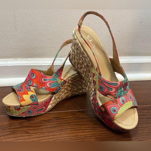 Chinese Laundry | Paisley Print Open Toe Slingback Wedge Heels | Size 7 - Picture 8 of 10
